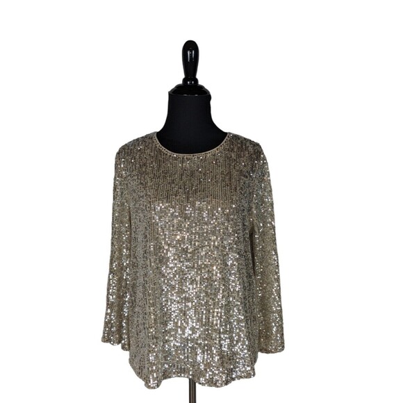 Alfani Blouse S Women's Gold Sequin Shimmer Long Flutter Sleeve Pullover Party - Picture 1 of 6